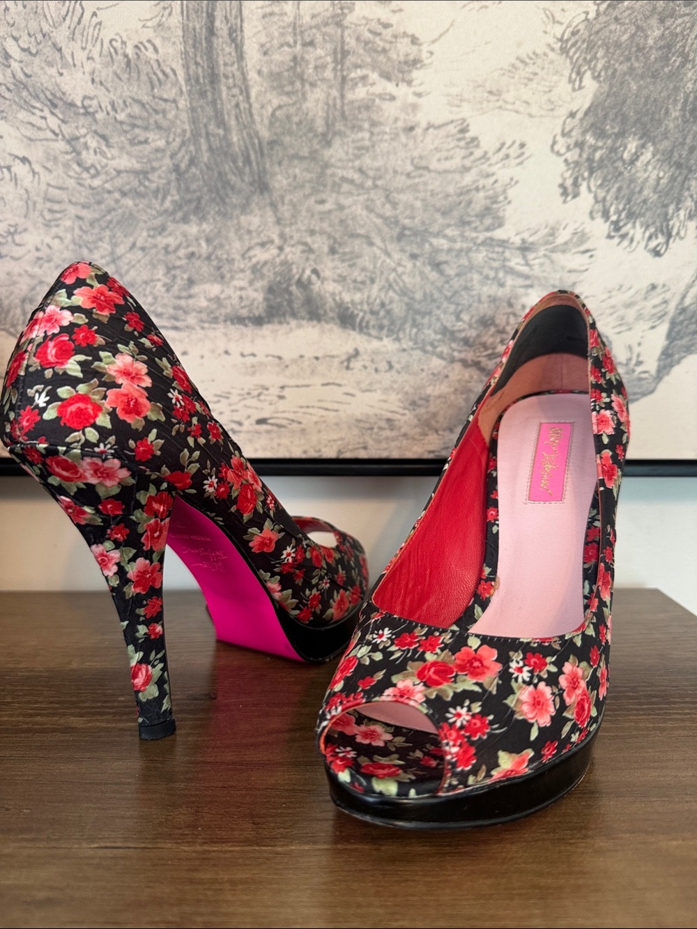 Betsey Johnson Black Floral Peep-Toe High Heels with Pink Soles